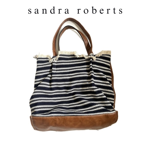 🍭3/$15 Sandra Roberts navy blue & white striped fringe large tote handbag - Picture 2 of 14